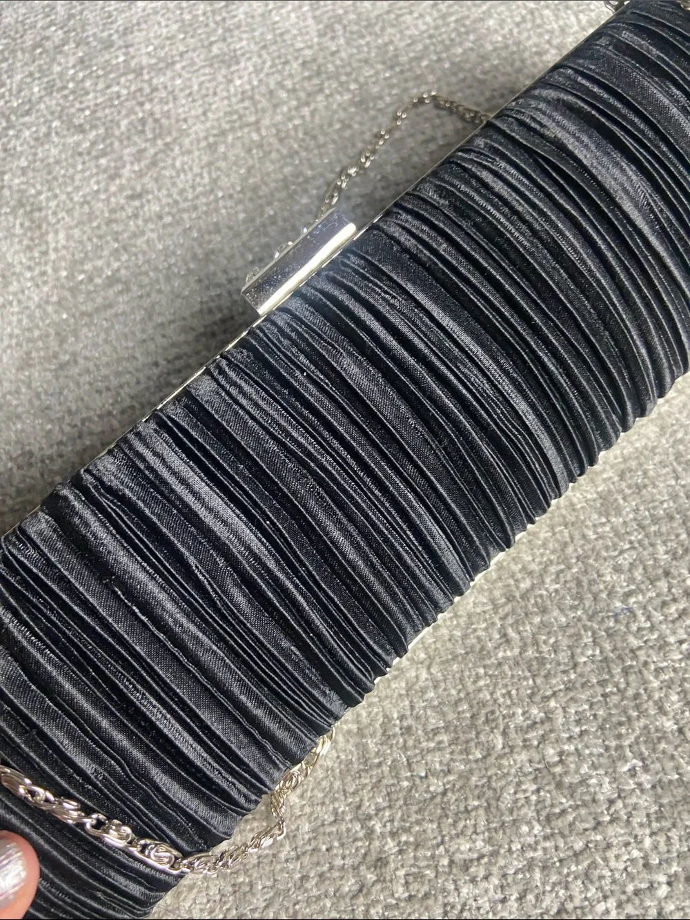 Black Pleated Satin Evening Clutch with Chain Strap